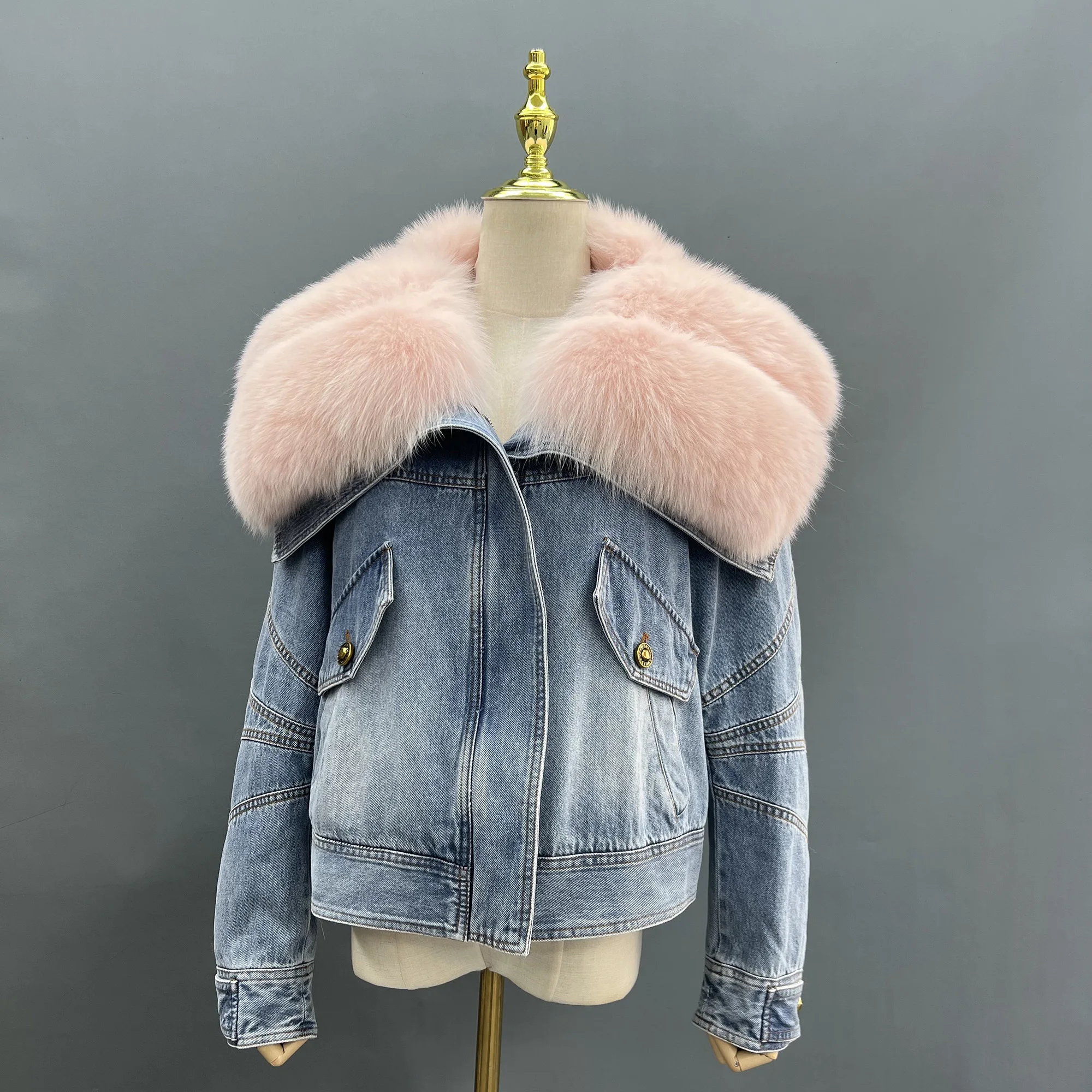 Elegant Big Real Fox Fur Collar Down Coat Feather Lining Parka Denim Fur Jacket