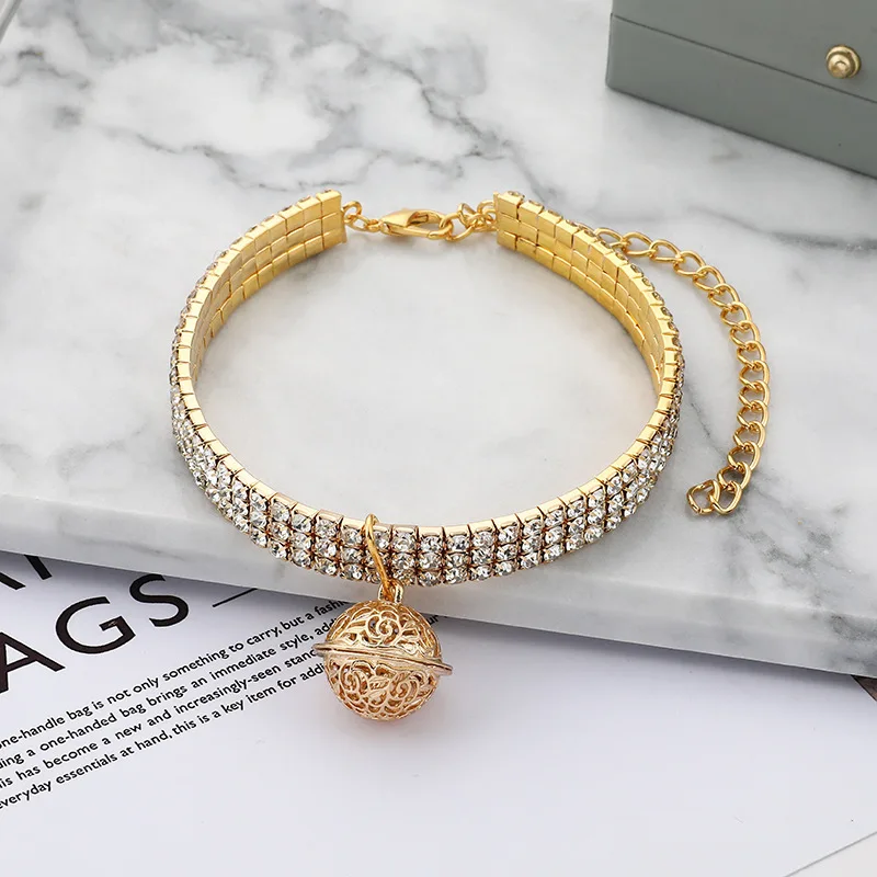 NJC Wholesale Luxury Resilient Bling Crystal Rhinestone Pet Necklace Jewelry Cat Dog Shiny Collar With Bell Pendant