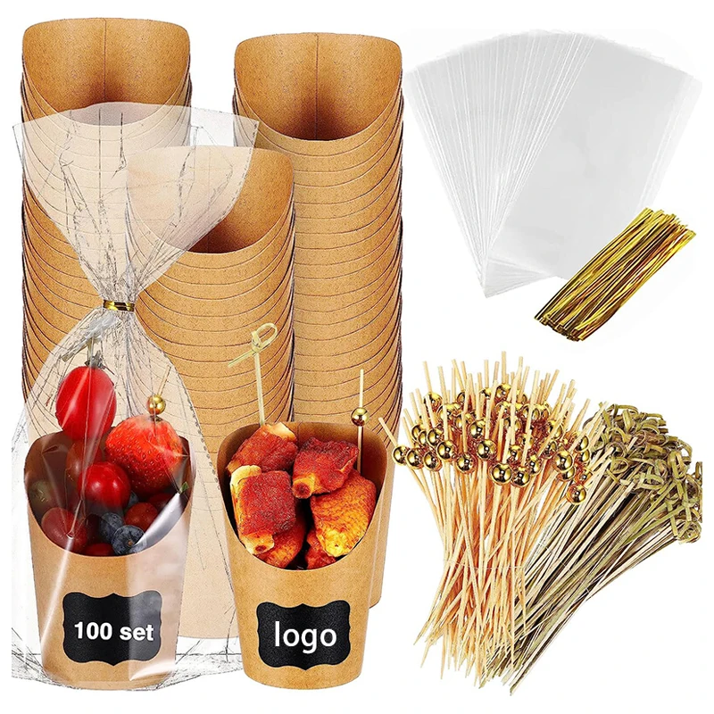 12 14 oz Disposable Charcuterie Cups with Cocktail Picks, Disposable Brown Paper Appetizer Cups With Clear Plastic Bags