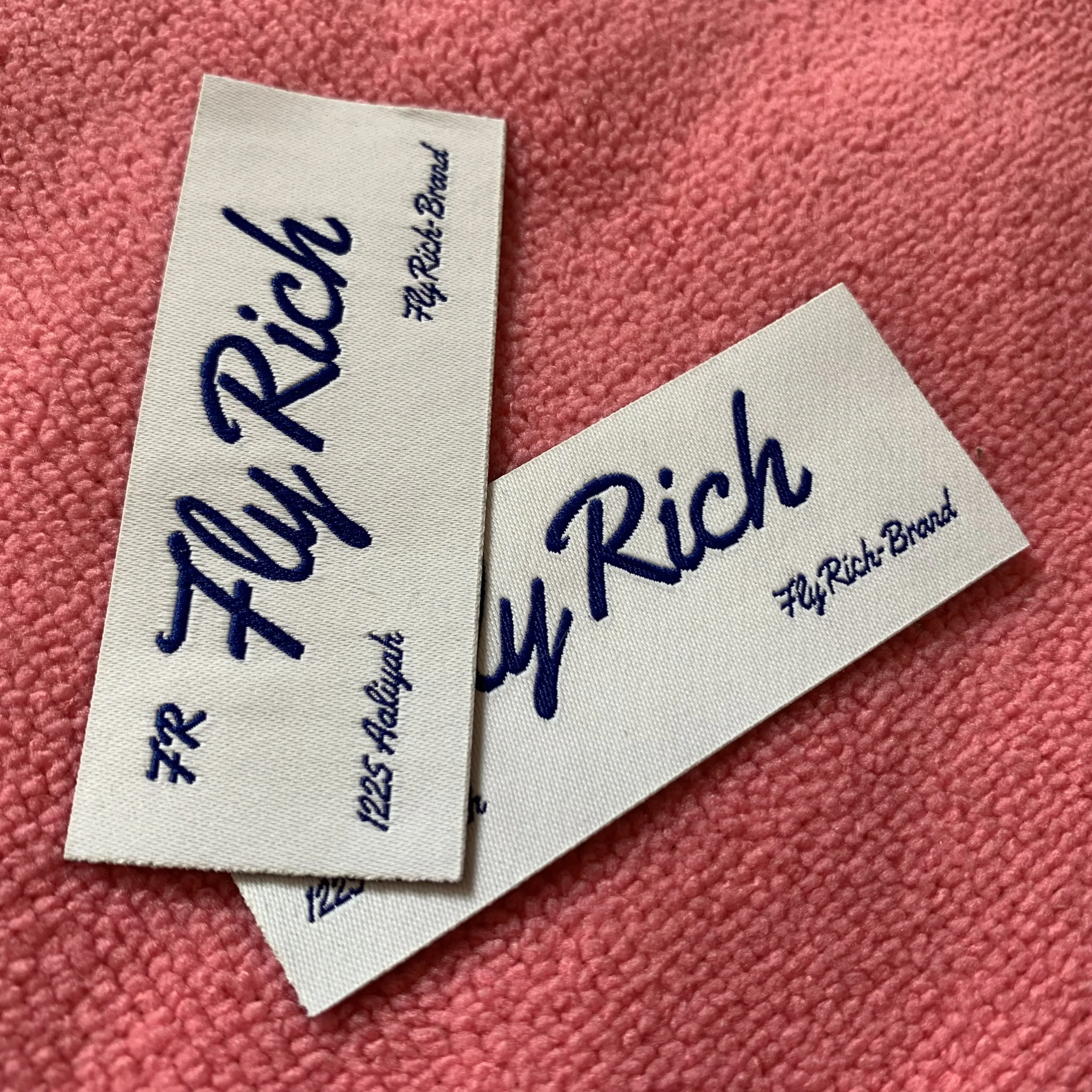 neat edge navy blue logo heat press woven label,high density iron on clothing label for belt