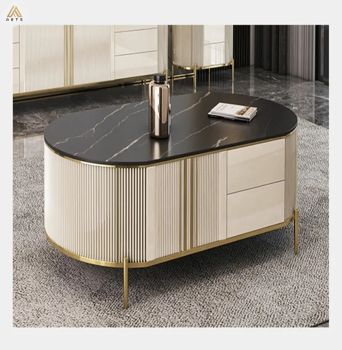 Factory direct supply  nordic   luxury  living room furniture  sintered stone stainless steel  leg oval shaped coffee table