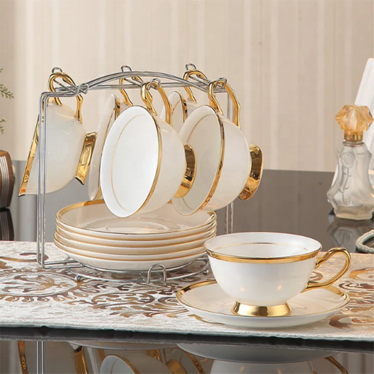 Tangshan wholesale and retail 15 pcs fine bone china chinaware  gold plated decal tea set ceramic