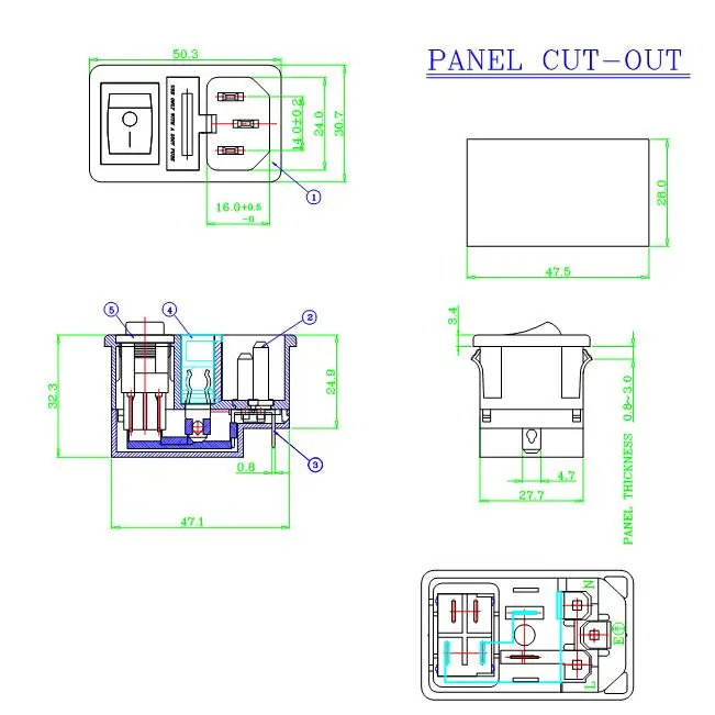 Manufacture provide JEC black switch 3Pin on off male ac appliance socket with fuse