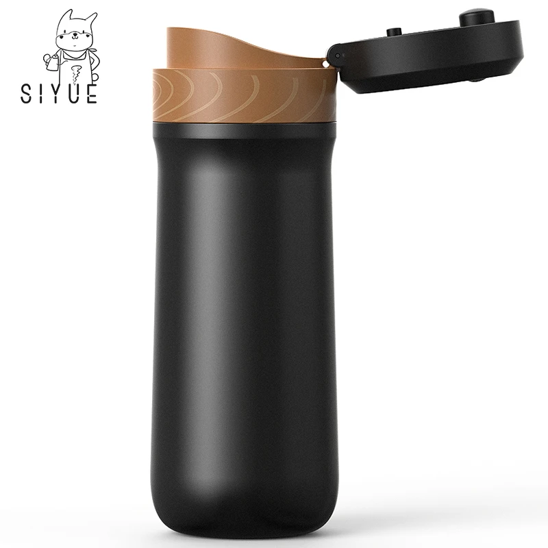 Siyue French Press Coffee Maker Vacuum Insulated Coffee Mug Cup Sus304 Portable Travel 320ml Black Outdoor Stainless Steel