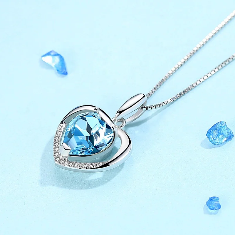 YA122 925 Sterling Silver Mom Necklace with Blue Pink Ocean Heart zircon Crystals Pendant Mothers Birthday Jewelry Gifts