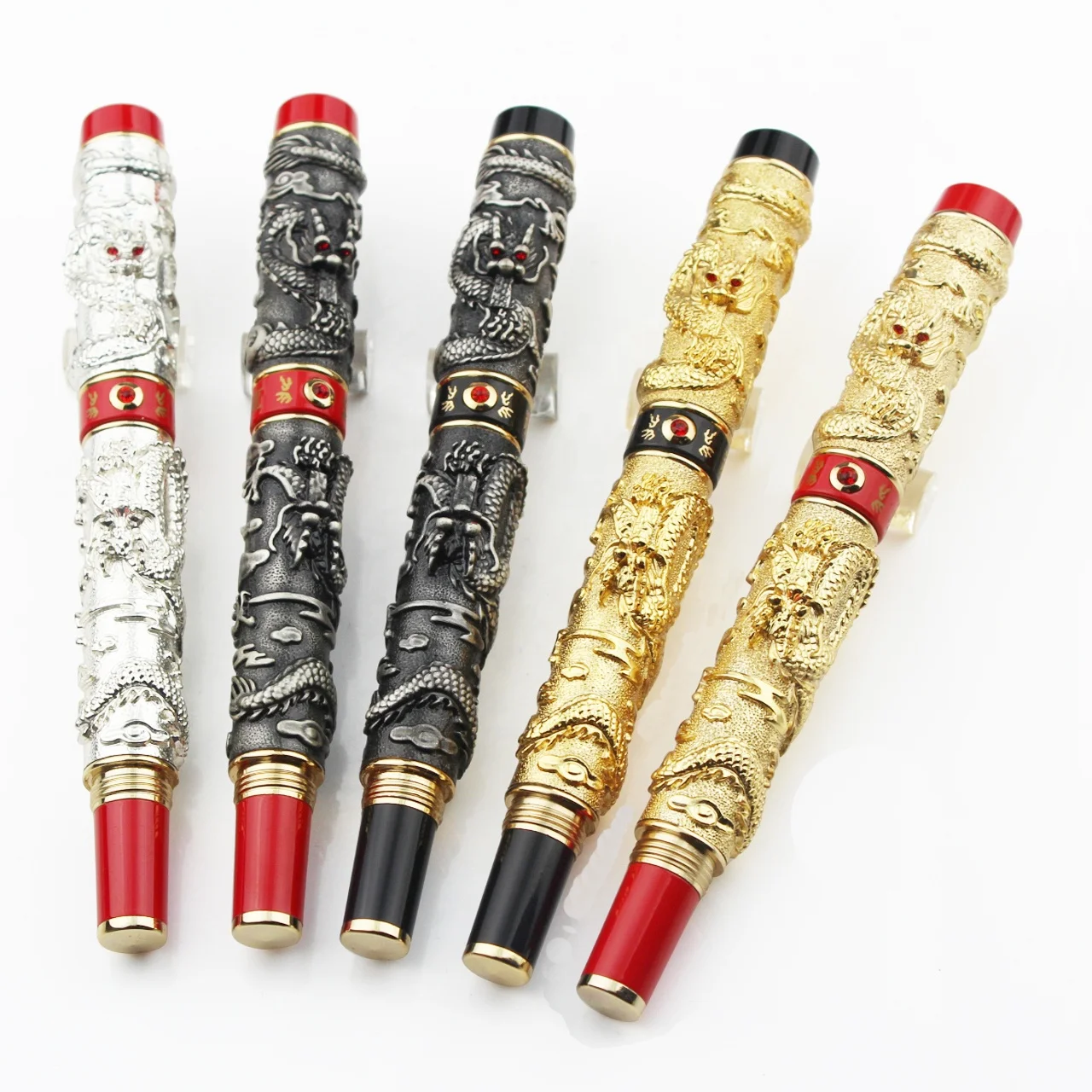 Jinhao Vintage Luxurious Double Dragon Playing Pearl Ancient Silver Carving Embossing Metal Heavy Rollerball Pen Collection