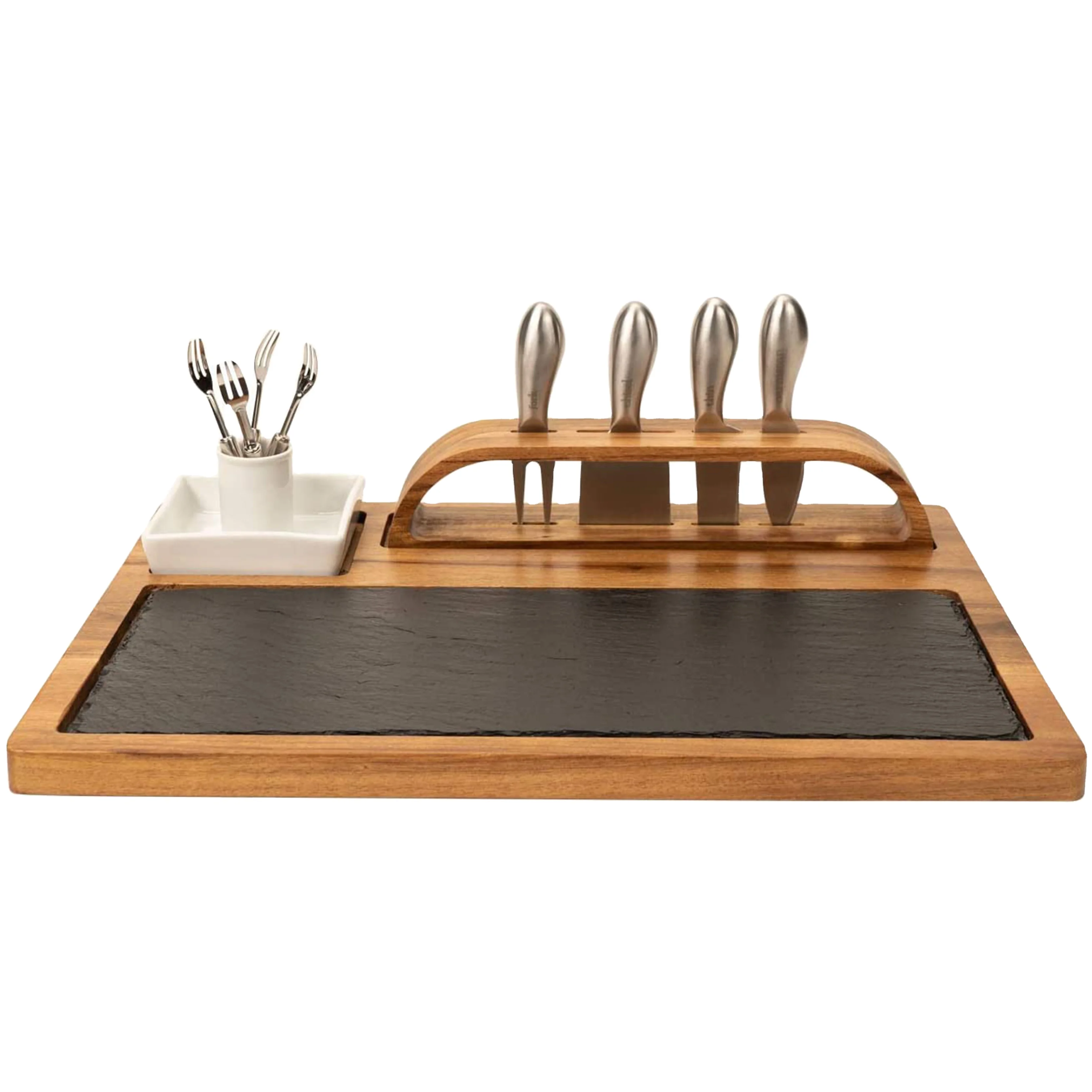Wholesale Slate Cheese Board Set,12 Piece Charcuterie Set Includes 4 Stainless Steel Knives,Bigger Acacia Wooden Serving Tray