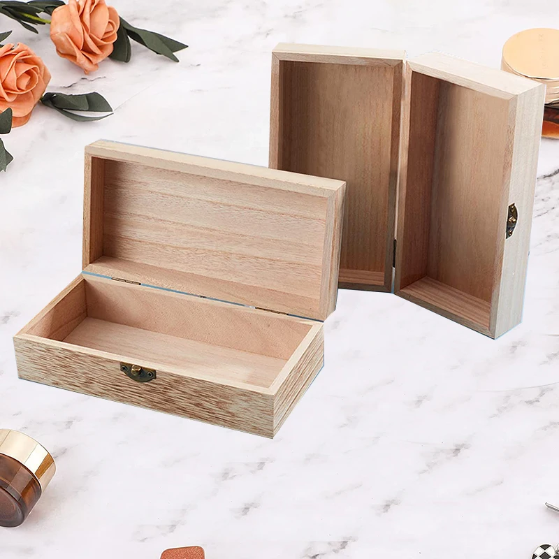 Unfinished natural wooden storage box with buckle retro wooden treasure chest is used for jewelry gift storage