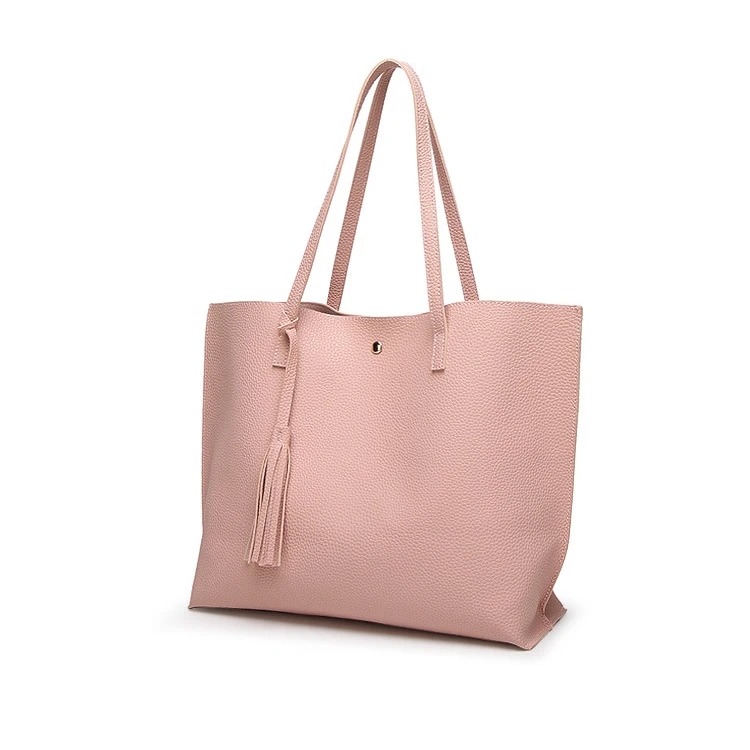 heavy duty extra large oversized leather tote bag plain synthetic pu leather ladies shoulder strap tote bag with tassel