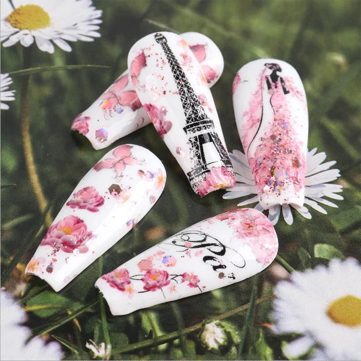 
Cross-border hot nail art starry sky paper ins classic pink Japanese butterfly tower nails starry sky sticker nails 