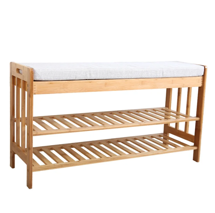 2-Tiler Entrance Hallway Modern Entryway Bamboo Change Shoe Storage Rack Shelf Organizer Bench With Cushion Seat