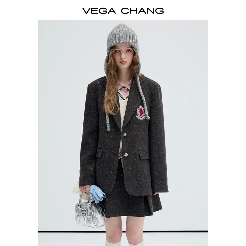 VEGA CHANG 2024 Suit Collar Wool Blend Vintage Preppy Suit Jacket Woolen Coat
