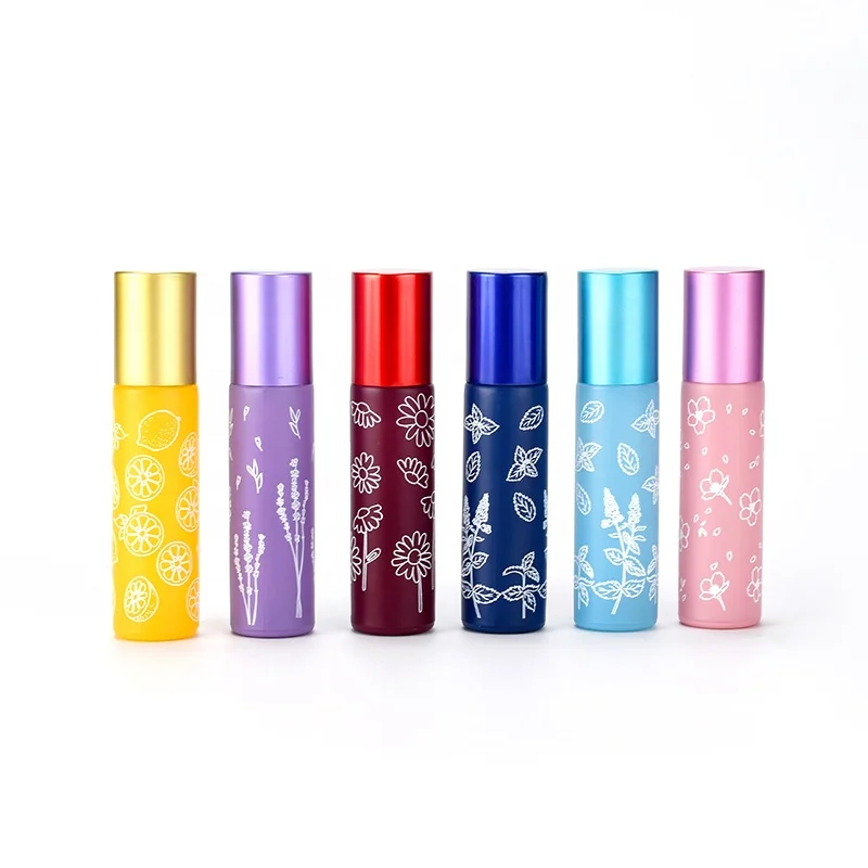 Stock Macaron colorful roll on glass bottle Perfume flower pattern 10ml Essential oil glass roller bottle