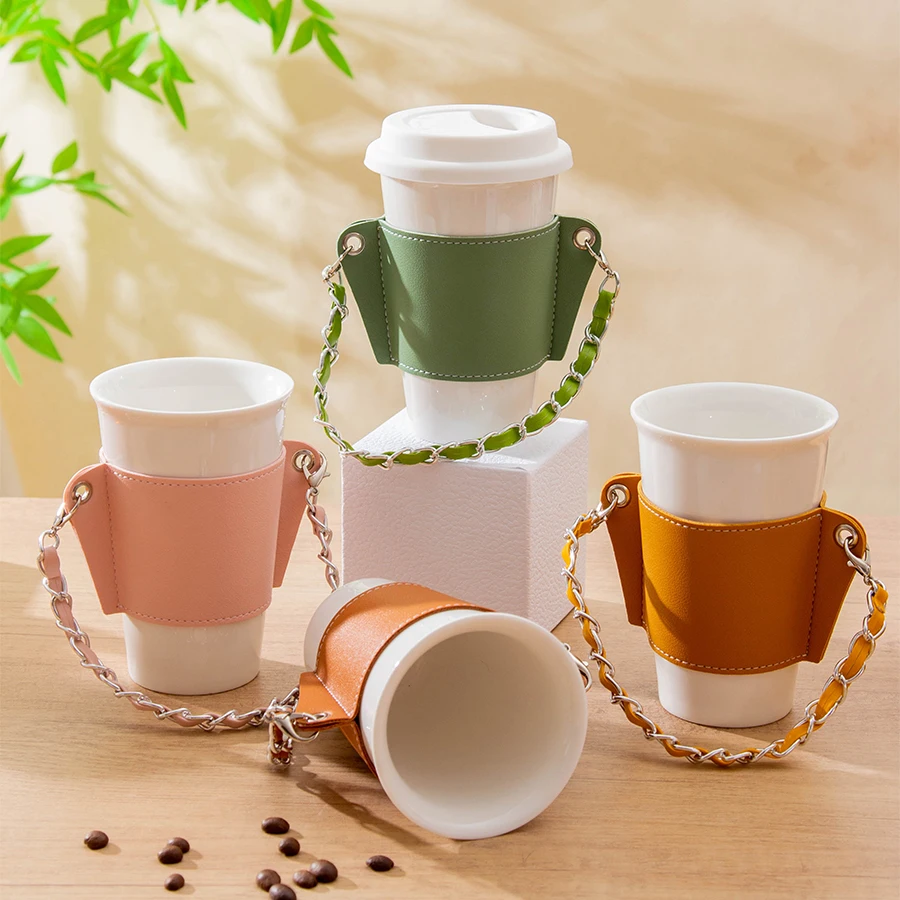 PU leather portable ceramic coffee cup sleeve INS stylish boba tea cups cases with chain
