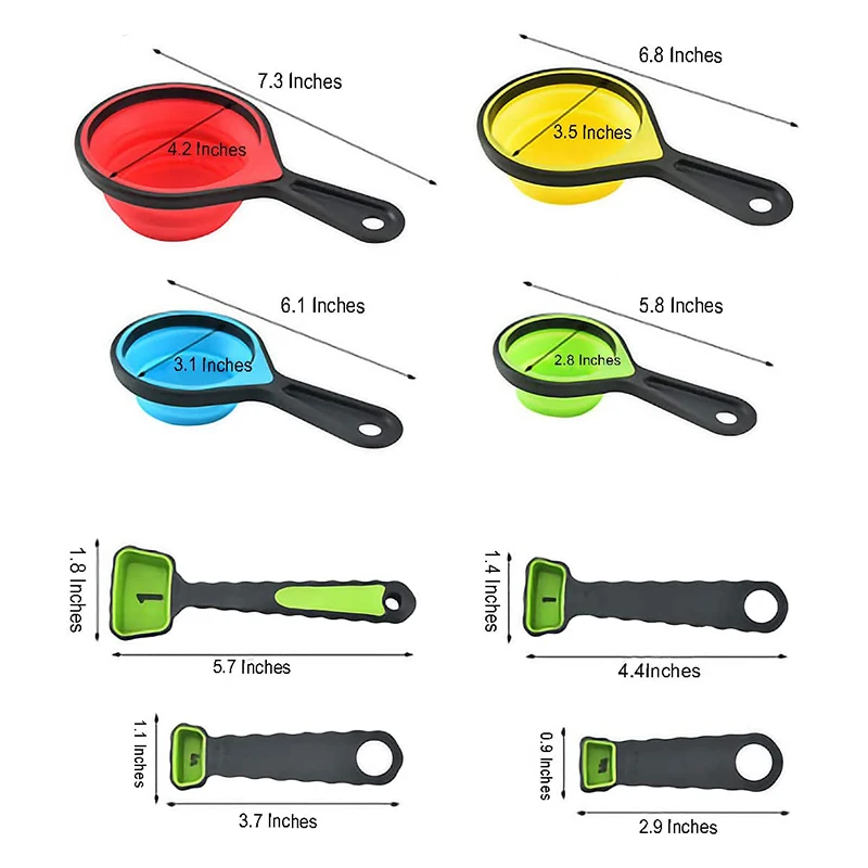 Wholesale 8 Piece Colorful Plastic And Silicone Measuring Cup And Spoon Measuring Cups Set Of Collapsible