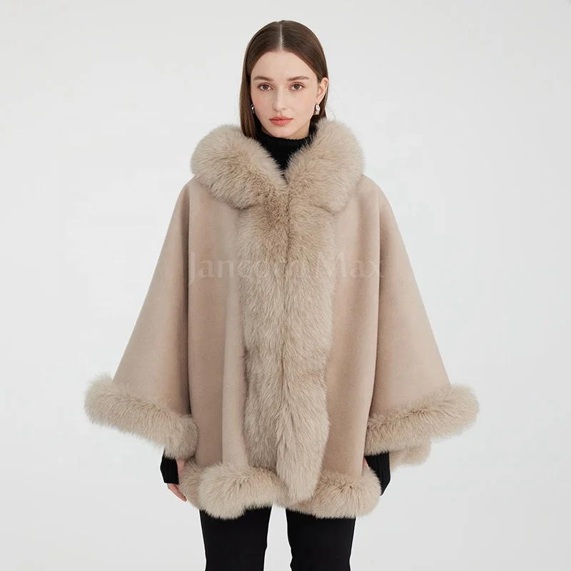 New Coming Real Fox Fur Poncho Women with Hood Cashmere Fur Shawl Cape