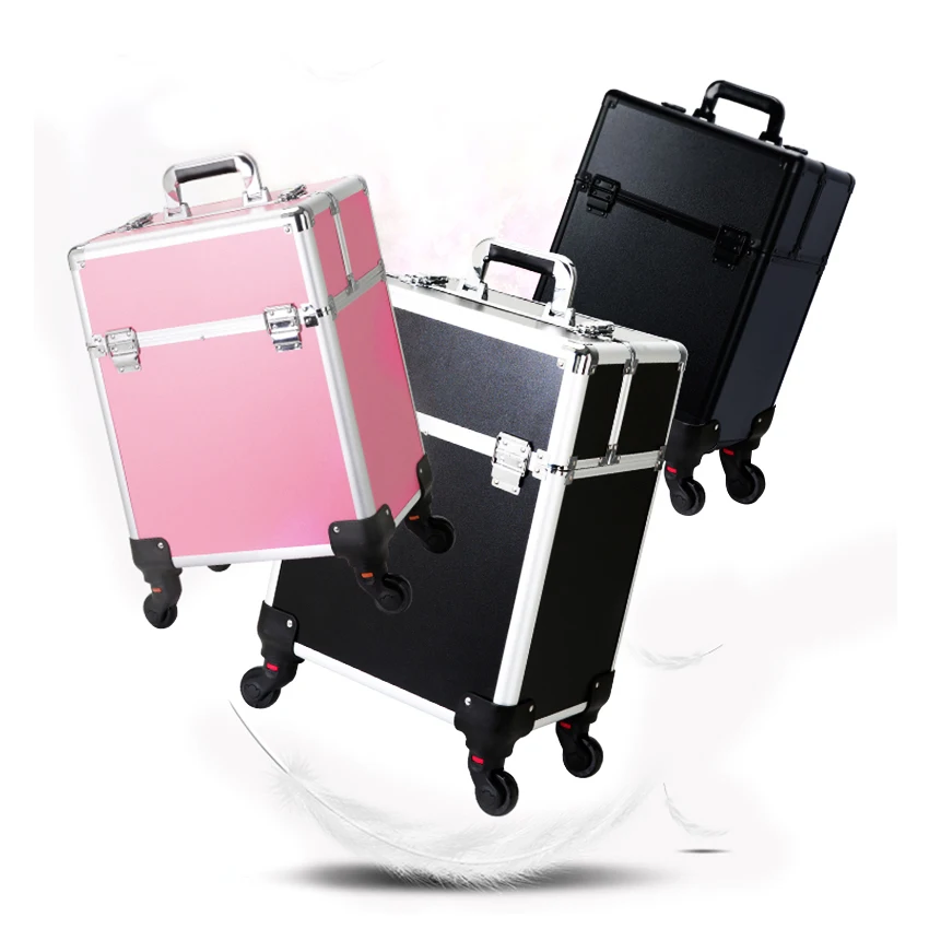 Professional Rolling Makeup Case Cosmetology Case With Wheels 2 Large Drawer Nail Trolley Case Traveling Cosmetic Box