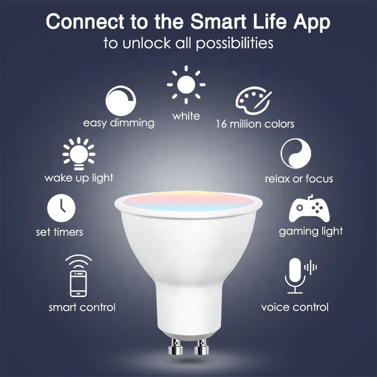 Tuya Smart Life App Voice Control LED Wifi GU10 Smart Bulb RGBW CCT Color Changing LED Bulb Compatible With Alexa and Google