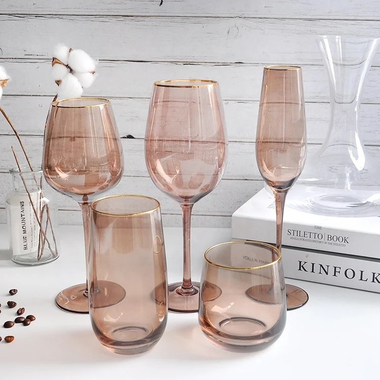 Cyan color slanted soda lime wine glass crystal hand cut goblets