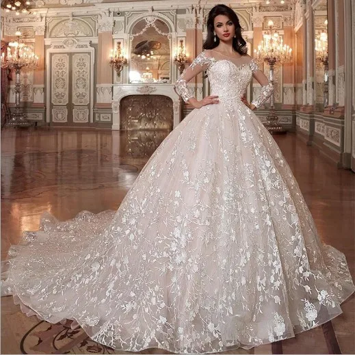 New Arrival Princess Wedding Dresses Embroidery Shiny Beading Crystal Waist Luxury Lace Ball Gown Wedding Dresses