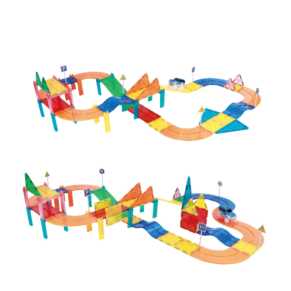 2024 Latest Educational Race Car Track Toys for Kids 55 Pcs Magnet Tiles Guangdong Sets Plastic Toy Soldiers Building Blocks Car