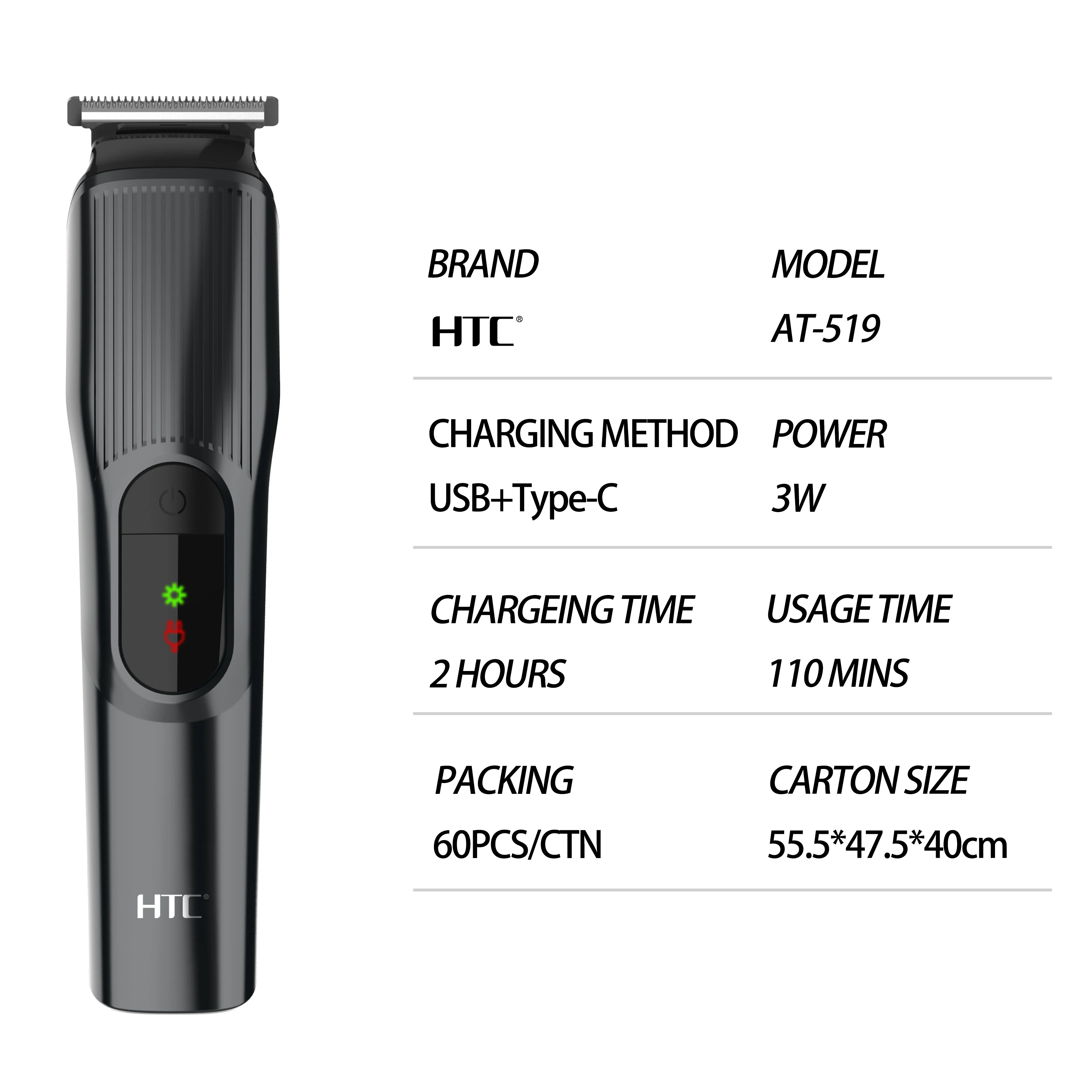 HTC AT-519 Rounded Combs Hair Trimmer Black Lithium Battery Trims Evenly Hair Clipper Trimmer