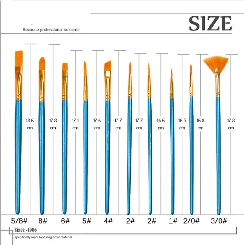 10pcs oil painting gouache watercolor acrylic hook thread nylon hair long rod brush set