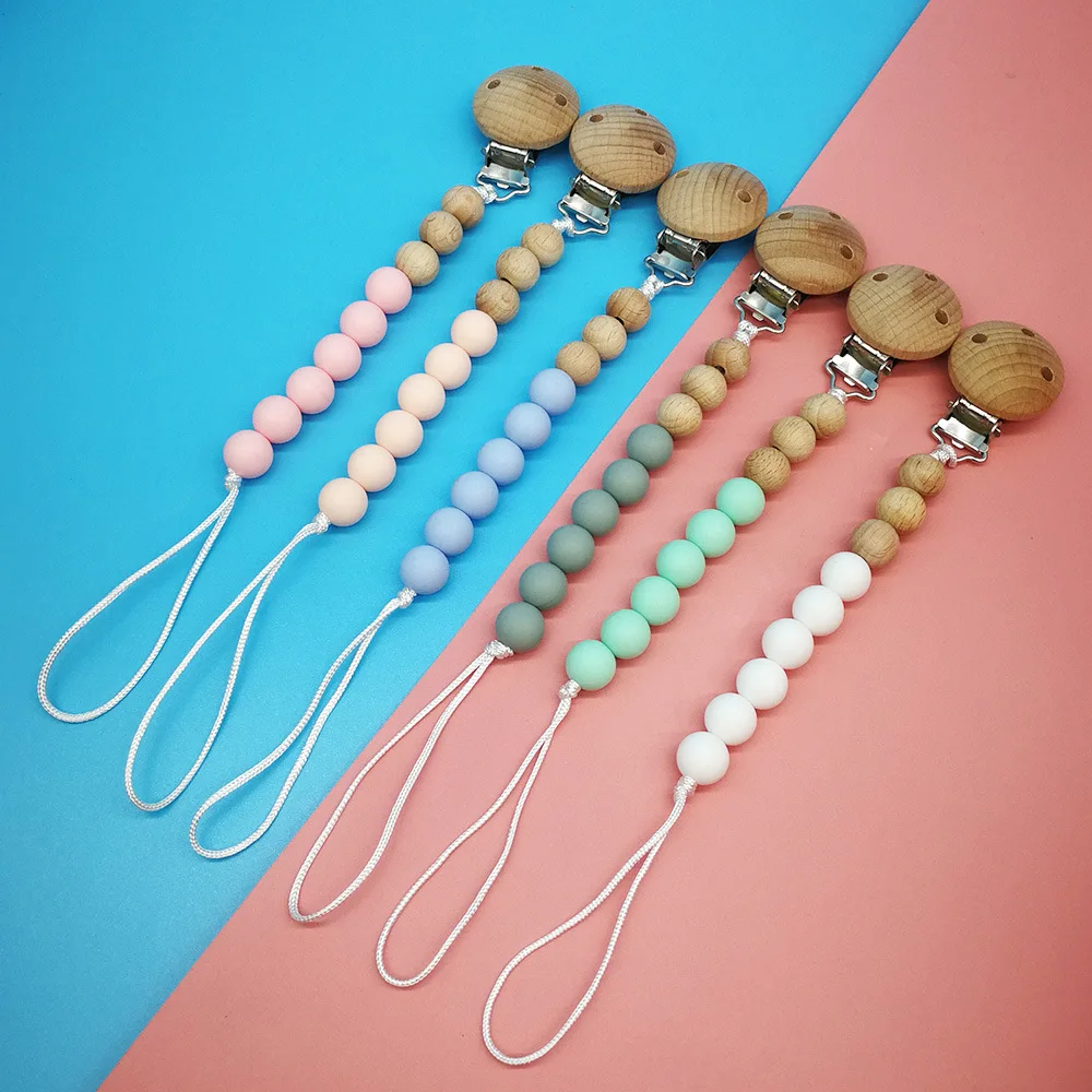fast delivery silicone and wooden beads pacifier clips holder newborn teething soothing  dummy chain