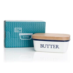 Multi functional Enamel Butter Dish Box Butter Keeper Container With Versatile Wooden Lid Farmhouse Style Enamel Butter