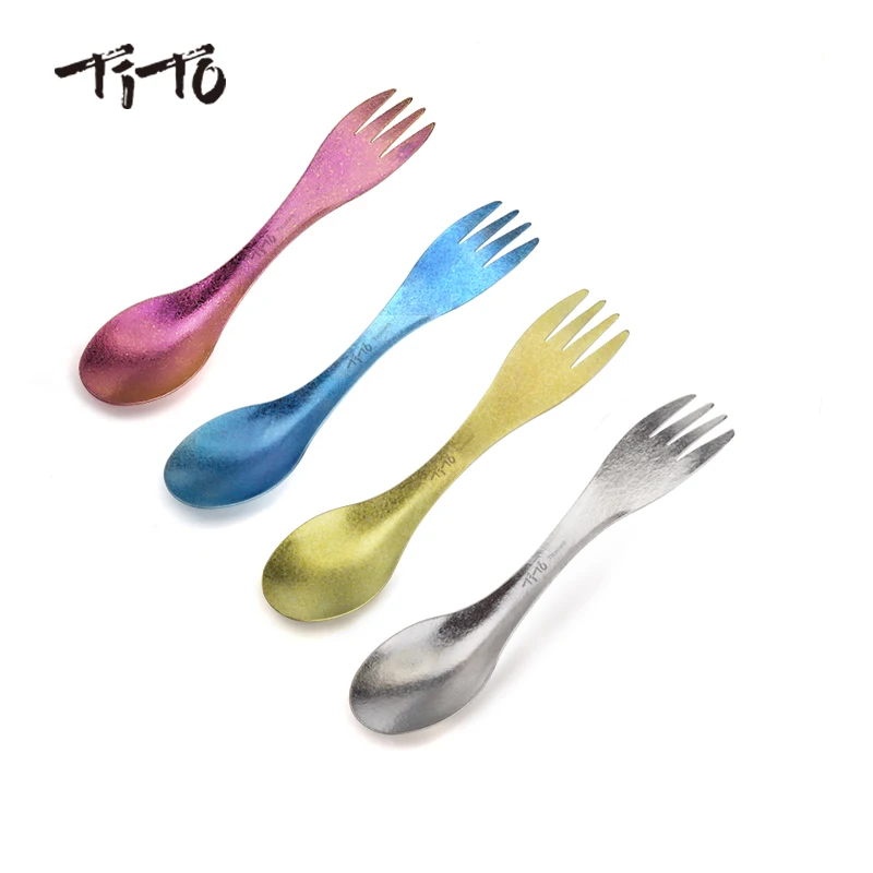 TiTo Colorful Lightweight Outdoor Picnic Tableware Camping Titanium 2 in 1Spoon Spork Cutlery Utensil for Travel Hiking
