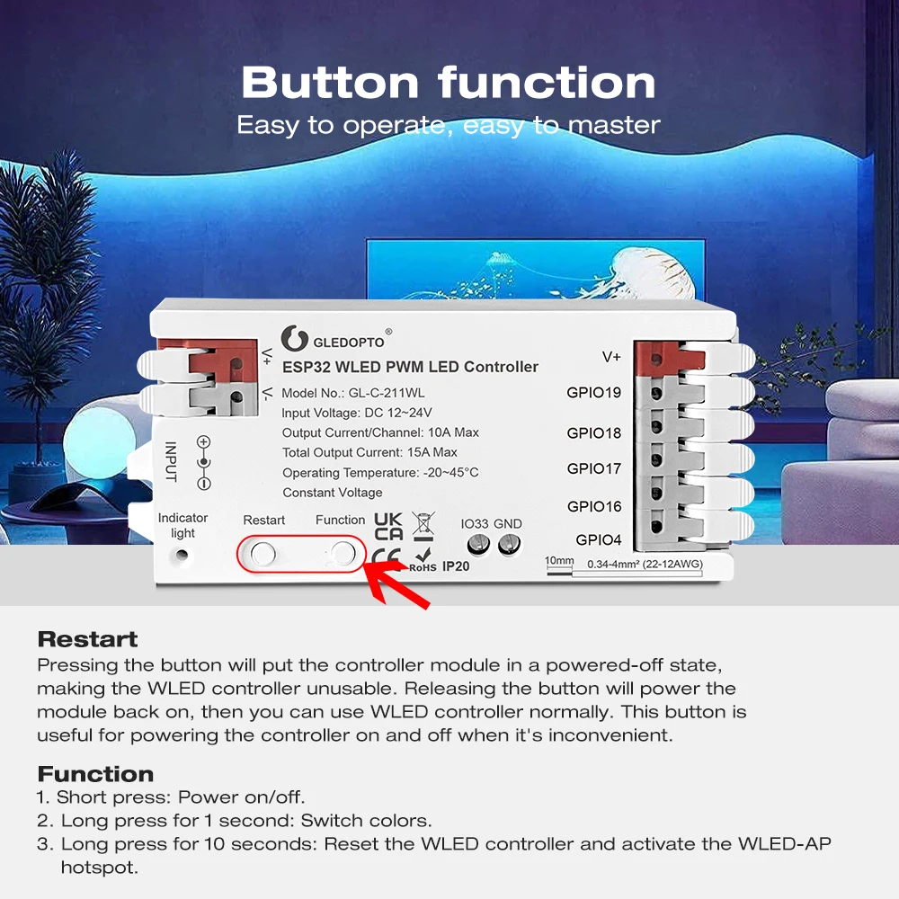 Gledopto LED Strip Controller ESP32 WLED Controller PWM Dimmer 12V-24V Work with Home Assistant