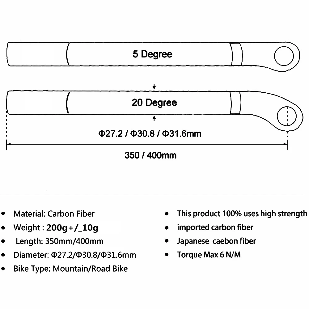 Matte Black Carbon Fibre SeatPost Bike Seat Tube MTB / Road Bicycle Parts Angle 5 / 20 Degree 27.2/30.8/31.6mm