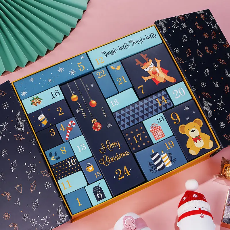Custom Empty Advent Calendar Blind Box Festival Decoration Beauty Cosmetic Packaging Bow Tie Door Open 24 Countdown Christmas