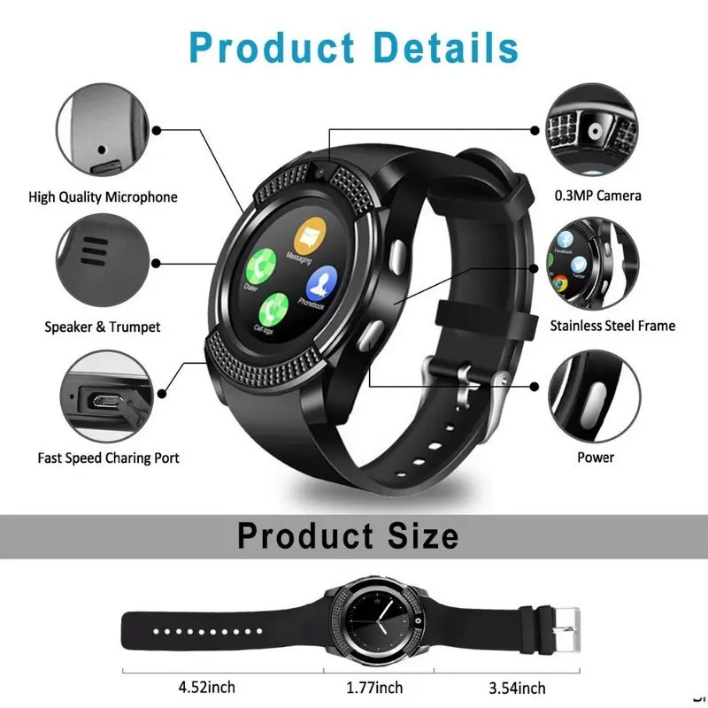 Bt Pedometer 2g Sim Card Camera Watch Color Display Waterproof Device Wrist Smart Watch V8 Smartwatch For Android Ios