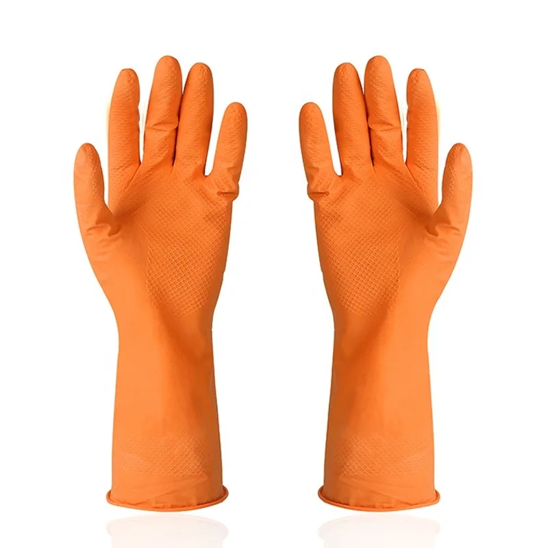Factory Reusable Orange Color Flocklined Latex Household Cleaning Glove