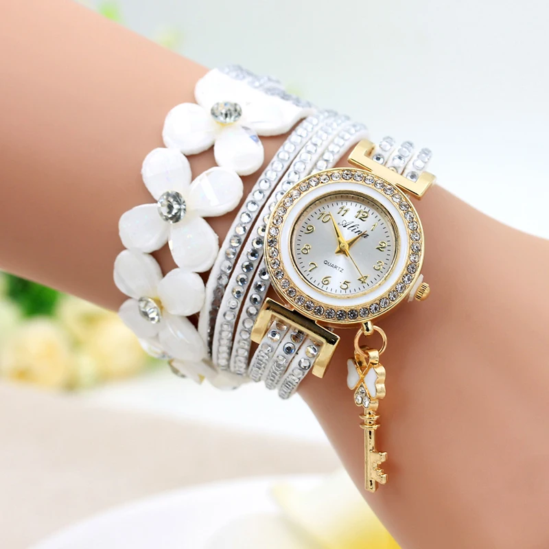 Fancy Flower Crystal Wrap Bracelet Quartz Wristwatch Casual Leather Rhinestone Strap Key Pendant Watch Relogio Feminino For Lady