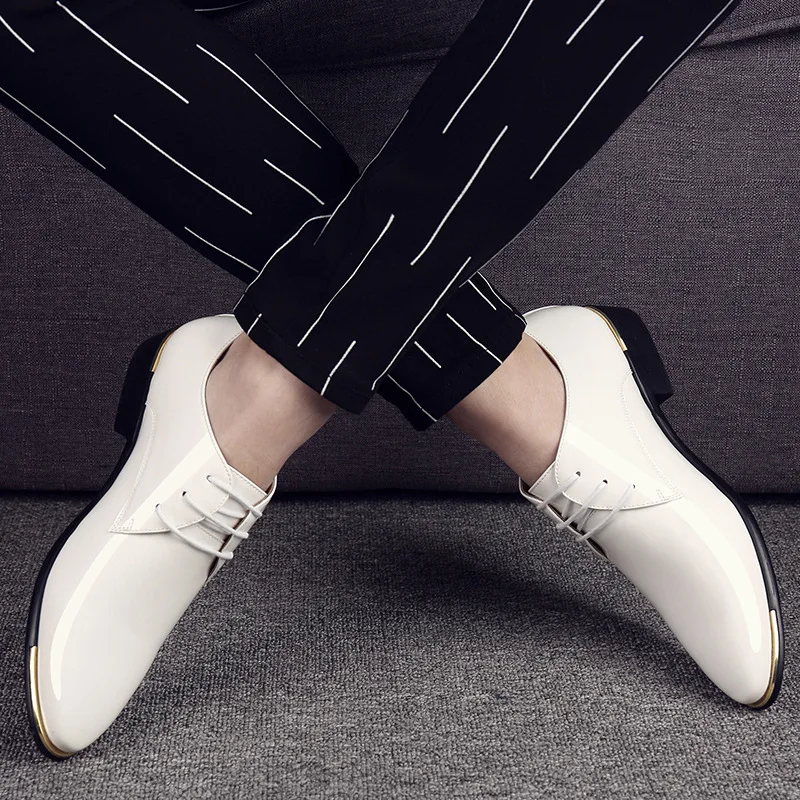 White Blue Black Plus Big Size 48 Slip On Business Formal Flat Dress Shiny Shoe Men Leather Shoes 2022