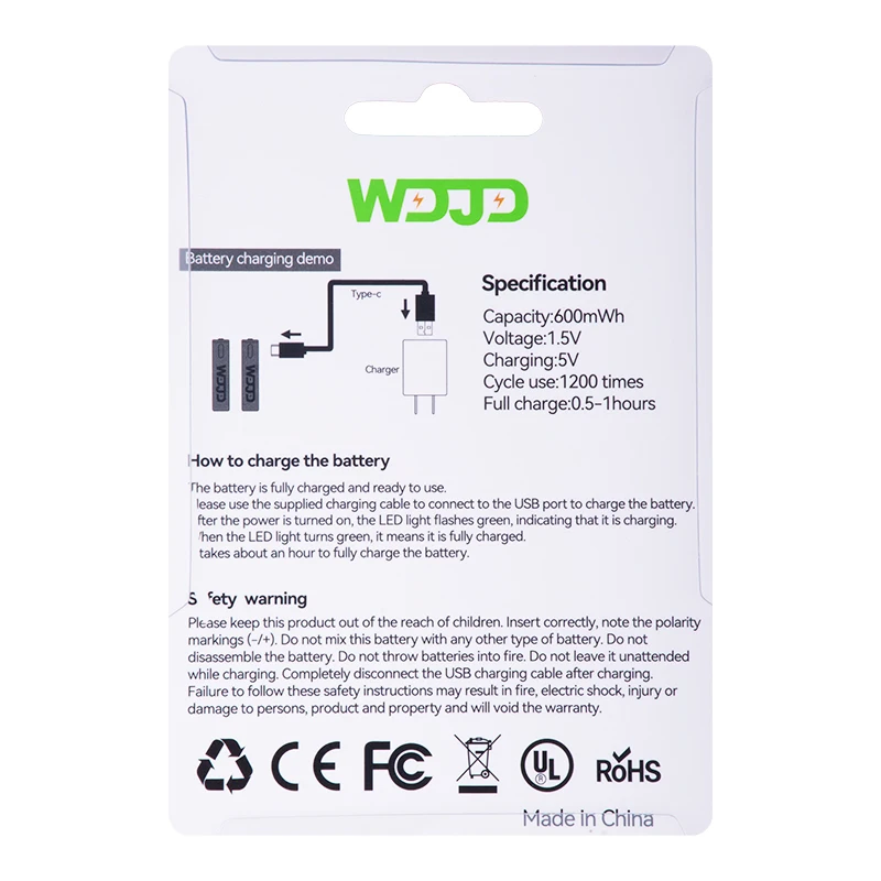 AAA Type C Rechargeable Batteries Lithium NI-MH Battery with USB C port