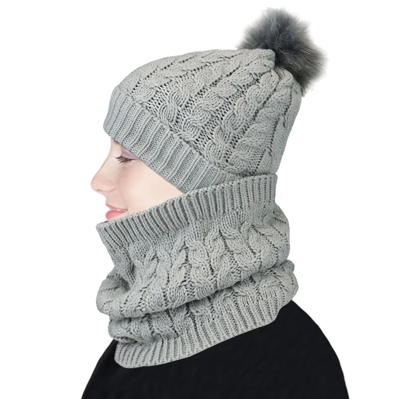 Теплая зимняя вязаная Флисовая Шапка-бини и шарф-труба теплый шарф шаль Шейное ожерелье Лыжная маска шапка