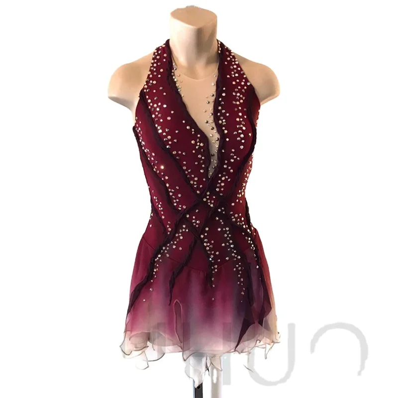 LIUHUO Figure Skating Dress Girls Competition Costume Red Latin Dress Rhinestones Mesh and Spandex Dress for Performance Sets