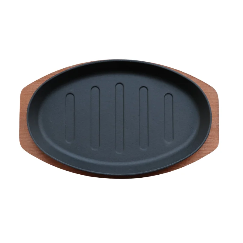 Factory wholesale commercial or household oval cast iron barbecue  plate Fry Grill Plate matching wood bottom cast iron fry  pan