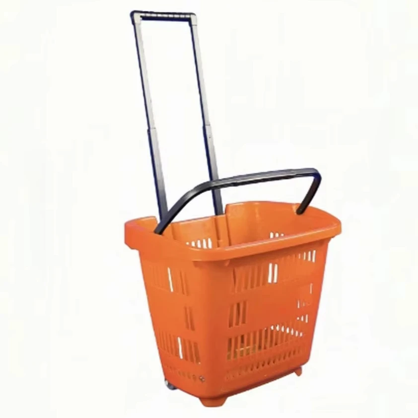 Telescopic Handle Plastic PP Pull-along Baskets 30L Shopping Baskets for Supermarket