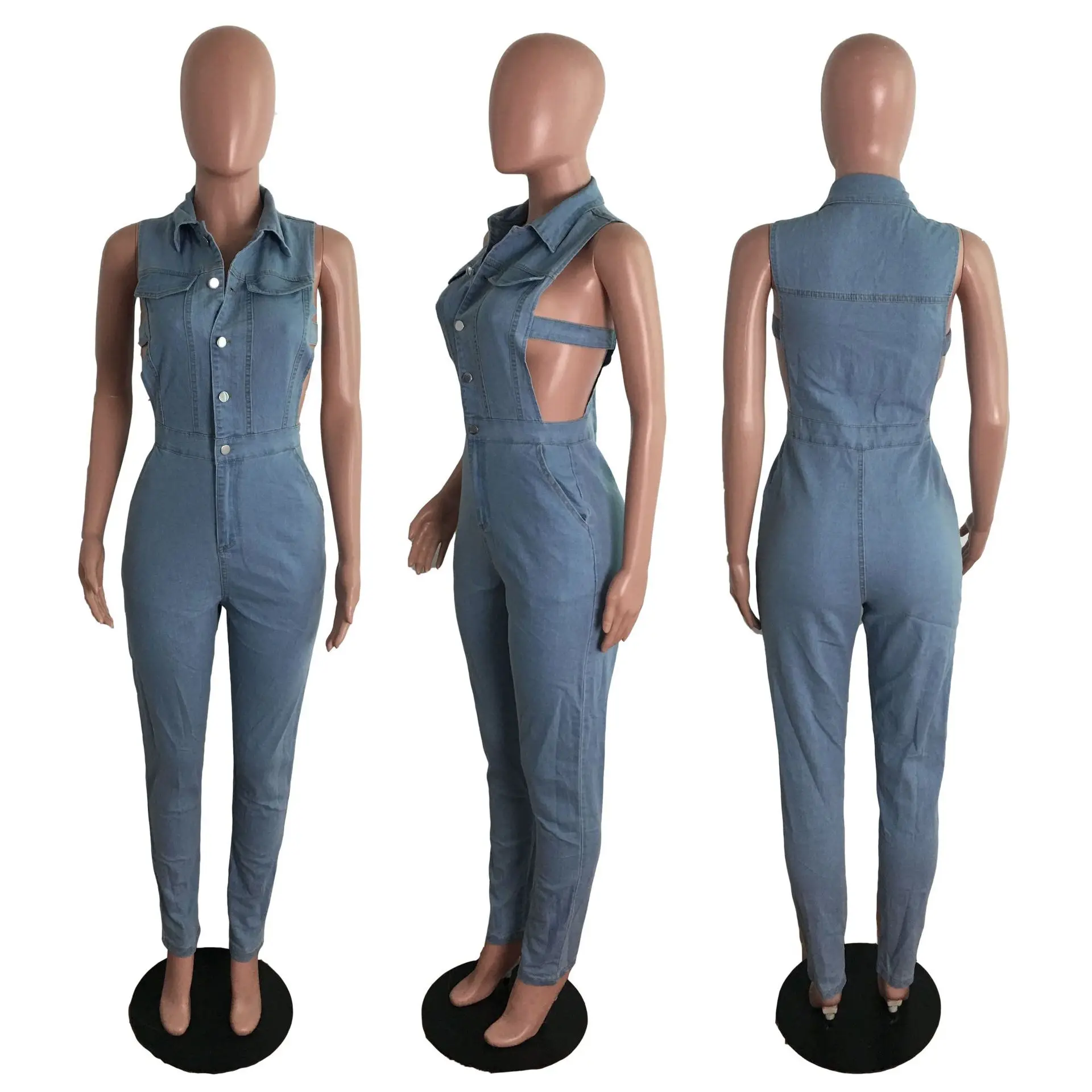 High Quality R08024 - fashion bodycon solid turn down collar hollow out button pockets sleeveless ladies jean jumpsuit