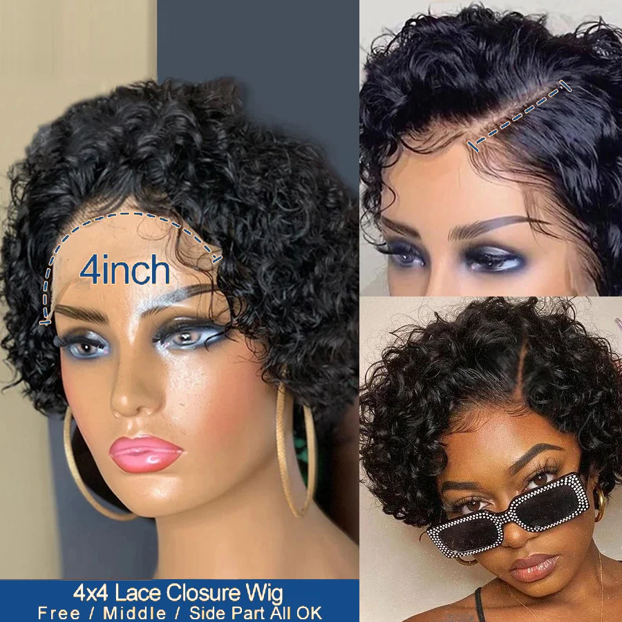 180% Плотность короткий кудрявый парик вырез Фея натуральные черные человеческие волосы 13x4 парик с отбеленным узлом для женщин