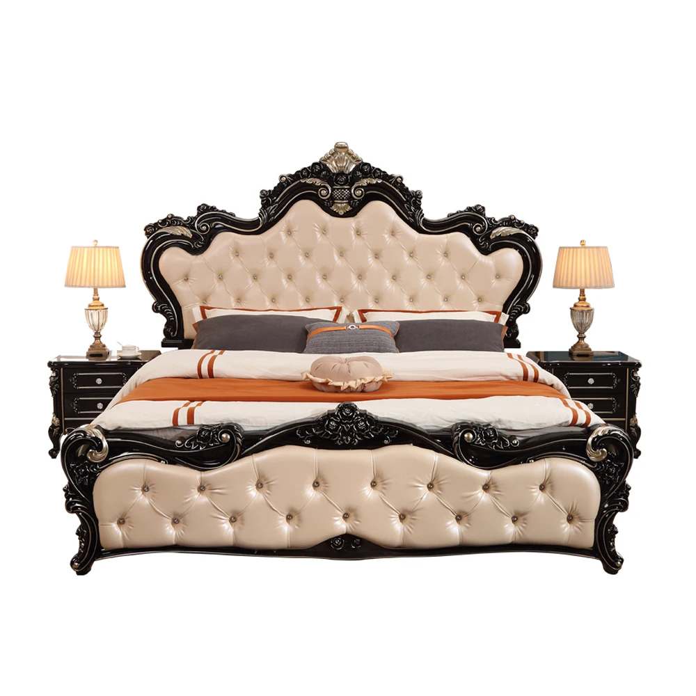 Европейская домашняя мебель, новейшая популярная деревянная резная кожаная двуспальная кровать