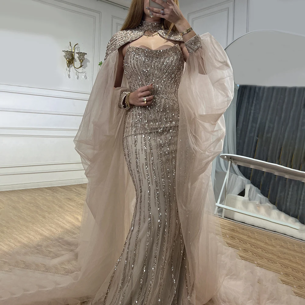 Serene Hill Dubai Caramel Mermaid Long Cloak Beaded Pearls Luxury Evening Dresses Gowns For Women Wedding Party 2024 LA72223
