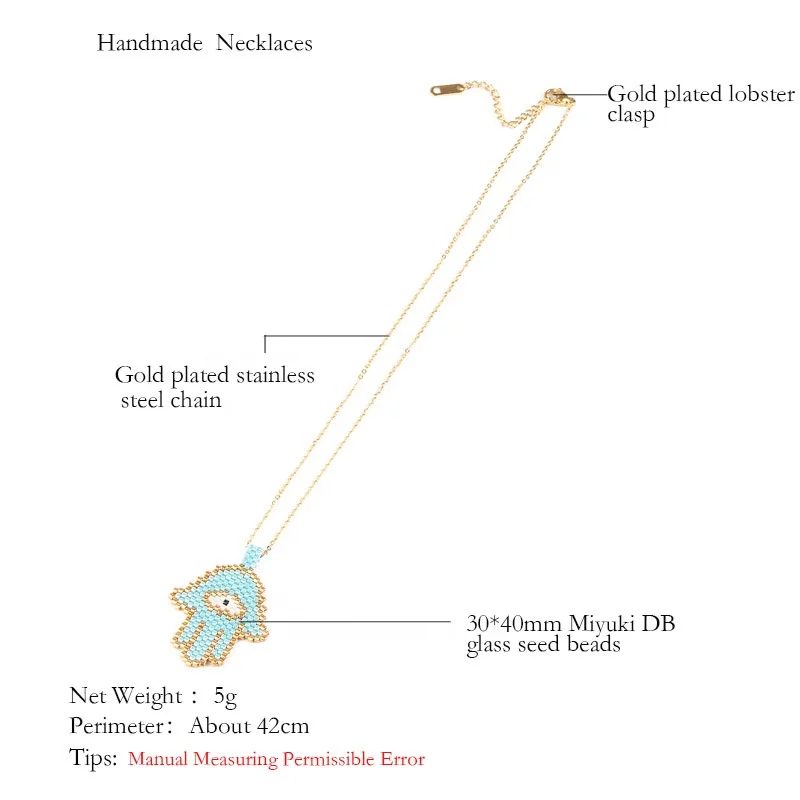 Moyamiya Fashion  Fatima hand lucky palm evil eye necklace Seed Bead hamsa jewelry necklace