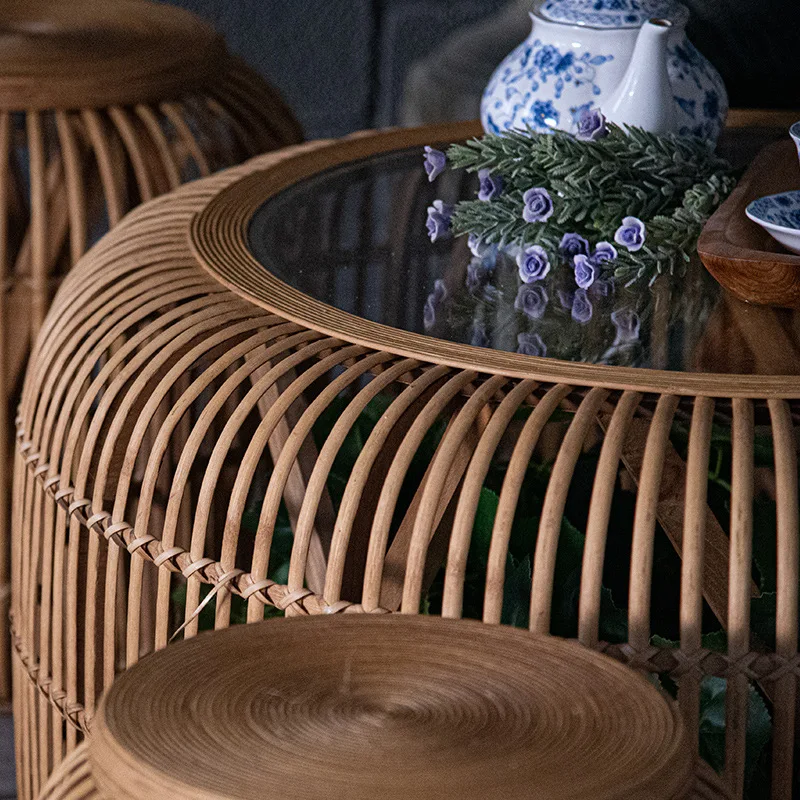 Round rattan art light luxury tea table rattan tea table bamboo woven design can receive small low table rattan stool