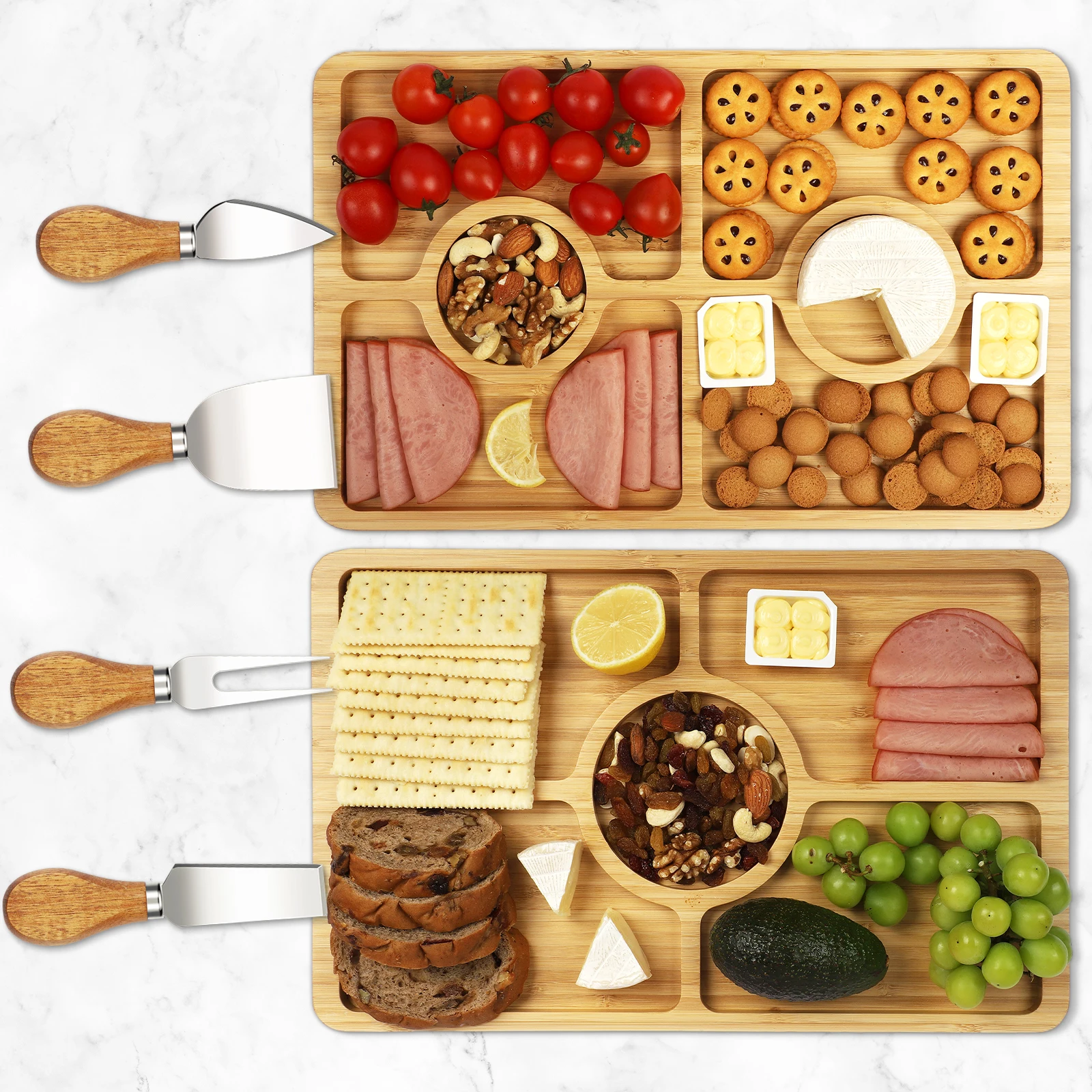 XH 2 Pack Charcuterie boards,Bamboo Cheese Board set with 4 pcs Knives, Cutting Boards Wood Party Serving Trays and Platters