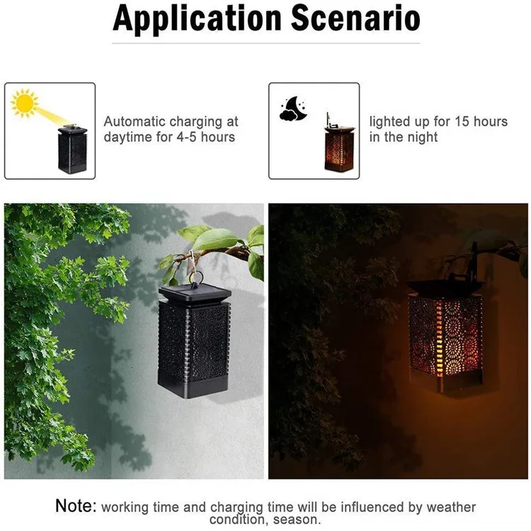 
Factory Outdoor Hanging Flickering Dancing Flame Decoration Solar Light Waterproof Ip54 Led Garden Security Lighting 